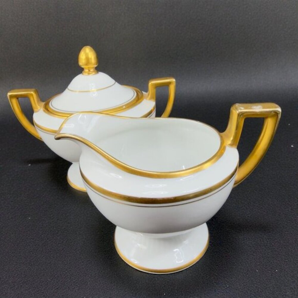 Antique Bavaria Tirschenreuth Fine Porcelain Sugar And Creamer Set Gold Trim VTG